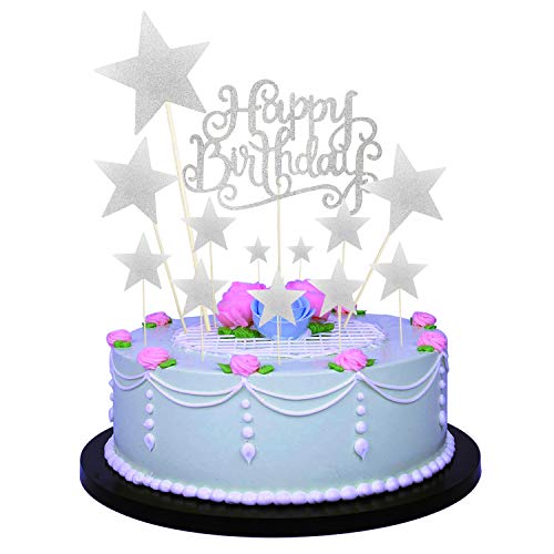 Allazone 1 Stück Silber Happy Birthday Cake Topper Silber Geburtstagstorte Dekoration und 12 Stück Silbe Pentacle Stars Cake Topper Dekoration für Party Dekoration von Allazone