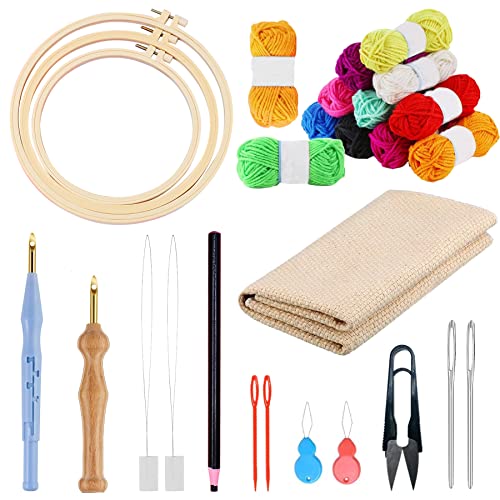 Allazone 17 Stück Stickerei Starter Kit Punch Needle Kit, 3 Stück Stickrahmen, 3 Stück Stanznadeltuch, 12 Farbe Garn, Einstellbare Punch Needle, Nadelfädler für Handwerk Stitching von Allazone