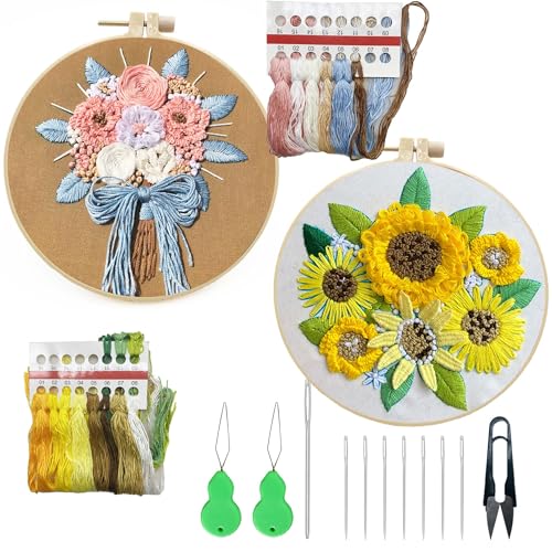 Allazone 2 Sets Stickset für Anfänger, Embroidery kit für Bastelliebhaber, 2 Sticktuch mit Muster Vorlagen und Anleitung, Sticken Kunsthandwerk DIY Art Stickset für Erwachsene (Sonnenblume) von Allazone