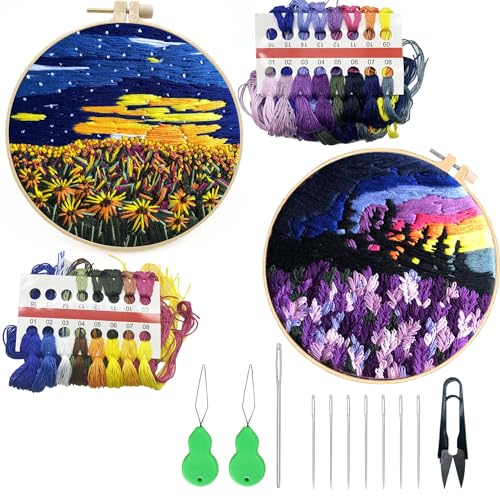 Allazone 2 Sets Stickset für Anfänger, Embroidery kit für Bastelliebhaber, 2 Sticktuch mit Muster Vorlagen und Anleitung, Sticken Kunsthandwerk DIY Art Stickset für Erwachsene (Sonnenuntergang) von Allazone