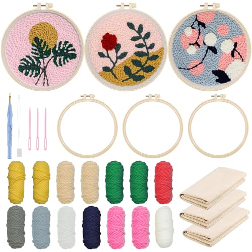 Allazone 3 Stück Punch Needle Anfänger Stickerei Set, Punch Needle Embroidery Starter Kit mit Blumen und Pflanzen Muster, DIY Stanznadel Kit mit Stickrahmen, Punch Needle Stoff, Fäden Allazone 3 Stück Punch Needle Anfänger Stickerei Set, Punch Needle Embroidery Starter Kit mit Blumen und Pflanzen Muster, DIY Stanznadel Kit mit Stickrahmen, Punch Needle Stoff, Fäden von Allazone