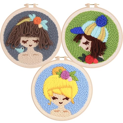 Allazone 3 Stück Punch Needle Embroidery Starter Kit, 20 cm Stanznadel Stickerei Starter Kit mit Mädchen Muster, DIY Stanznadel Kit mit Stickrahmen für Kunsthandwerk, Heimdekoration Allazone 3 Stück Punch Needle Embroidery Starter Kit, 20 cm Stanznadel Stickerei Starter Kit mit Mädchen Muster, DIY Stanznadel Kit mit Stickrahmen für Kunsthandwerk, Heimdekoration von Allazone