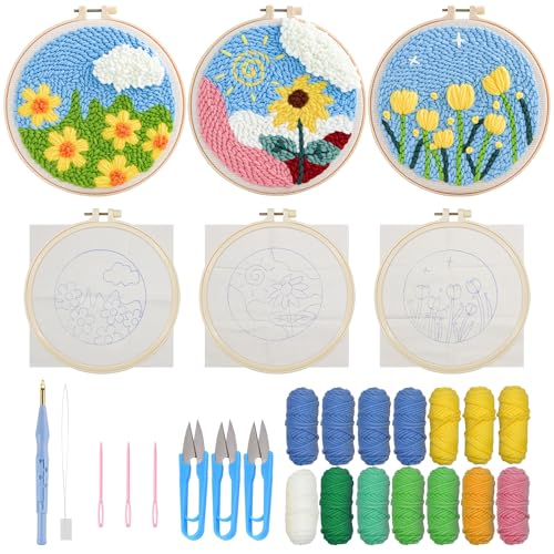 Allazone 3 Stück Punch Needle Embroidery Starter Kit, Punch Needle Anfänger Stickerei Set mit Blumenmuster, DIY Stanznadel Kit mit Stickrahmen, Punch Needle Stoff, Fäden, Einfädelhilfe Allazone 3 Stück Punch Needle Embroidery Starter Kit, Punch Needle Anfänger Stickerei Set mit Blumenmuster, DIY Stanznadel Kit mit Stickrahmen, Punch Needle Stoff, Fäden, Einfädelhilfe von Allazone