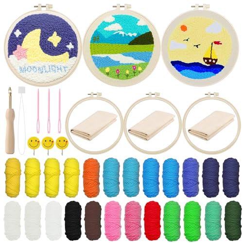 Allazone 3 Stück Punch Needle Embroidery Starter Kit, Stanznadel Stickerei Starter Kit, DIY Stanznadel Kit mit Stickrahmen, Punch Needle Stoff, Fäden, Einfädelhilfe, Wiese und Meer Allazone 3 Stück Punch Needle Embroidery Starter Kit, Stanznadel Stickerei Starter Kit, DIY Stanznadel Kit mit Stickrahmen, Punch Needle Stoff, Fäden, Einfädelhilfe, Wiese und Meer von Allazone