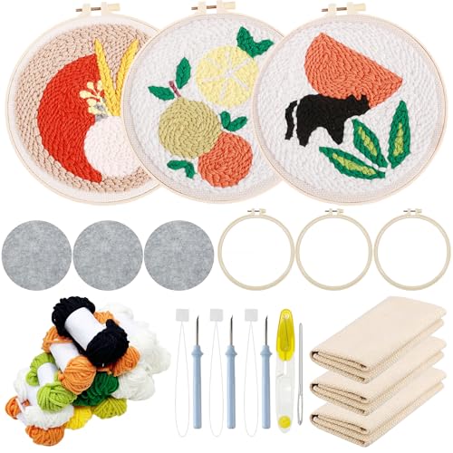 Allazone 3 Stück Punch Needle Stickerei Set für Anfänger, Stanznadel Stickerei Starter Kit mit Früchte und Katzen Muster, DIY Stanznadel Kit mit Stickrahmen, Punch Needle Stoff, Fäden, Einfädelhilfe Allazone 3 Stück Punch Needle Stickerei Set für Anfänger, Stanznadel Stickerei Starter Kit mit Früchte und Katzen Muster, DIY Stanznadel Kit mit Stickrahmen, Punch Needle Stoff, Fäden, Einfädelhilfe von Allazone