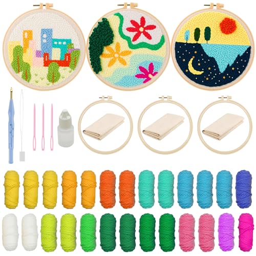 Allazone 3 Stück Punch Needle Stickerei Set für Anfänger, Stanznadel Stickerei Starter Kit mit Instruction Stanznadelstoff Muster Set, See und Blume Allazone 3 Stück Punch Needle Stickerei Set für Anfänger, Stanznadel Stickerei Starter Kit mit Instruction Stanznadelstoff Muster Set, See und Blume von Allazone