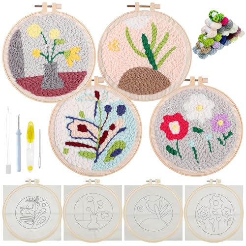 Allazone 4 Stück Punch Needle Embroidery Starter Kit, 15 cm Stanznadel Stickerei Starter Kit mit Blumenmuster, DIY Stanznadel Kit mit Stickrahmen für Kunsthandwerk, Heimdekoration Allazone 4 Stück Punch Needle Embroidery Starter Kit, 15 cm Stanznadel Stickerei Starter Kit mit Blumenmuster, DIY Stanznadel Kit mit Stickrahmen für Kunsthandwerk, Heimdekoration von Allazone