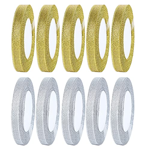 Allazone Glitzer Metallic Bänder, 22 Meters jede Rolle, Geschenkband für Geschenke Verpackung Dekorationen (Gold & Silber, 1cm) von Allazone