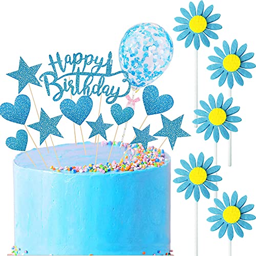 Allazone Happy Birthday Cake Topper Ballon Geburtstagstorte Dekoration Blumen Herzförmig Pentacle Stars Cake Topper Dekoration für Party Dekoration (Blau) von Allazone