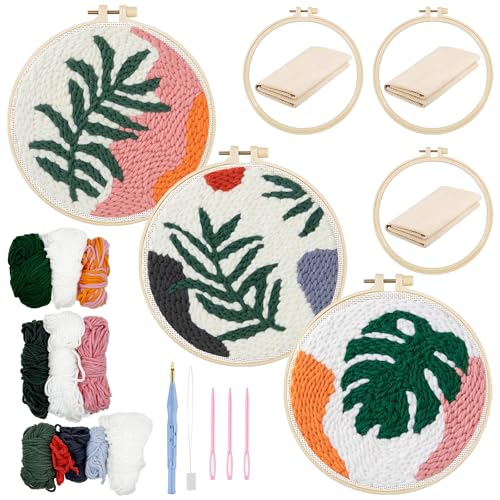 Allazone Punch Needle Stickerei Set für Anfänger, Stanznadel Stickerei Starter Kit mit Blatt Muster, Garnen, Stickrahmen, Einfädelwerkzeug und Anleitung von Allazone