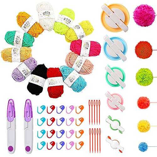 Allazone 57 Stück Pompom Maker, Fluff Ball Weaver Nadel Pompom Maker Sets mit Pompom Maker, 12 Farben Garn, DIY Fluff Balls Knitting Craft Making Kit mit Nähschere für Kinder und Erwachsene von Allazone