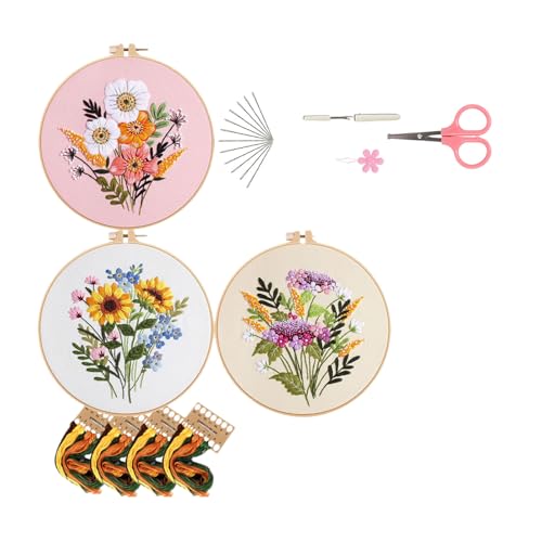 Alleshelfer Stickset für Anfänger, Blumenmuster Pflanzen Sticken Set Erwachsene Stickerei Set mit 3 Stück Bambus Stickrahmen, Embroidery kit, Kreuzstich Set für DIY Kunst, Handwerk, Sticken von Alleshelfer
