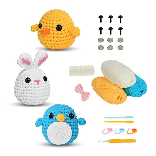 Häkel-Starterset für Anfänger DIY Häkelset für Tiere mit Häkelnadeln, Tiere Häkelset für Anfänger, Garn, Anleitung Video Pinguin, Küken, Kaninchen Perfekt für Erwachsene & Häkeln Anfänger von Alleshelfer