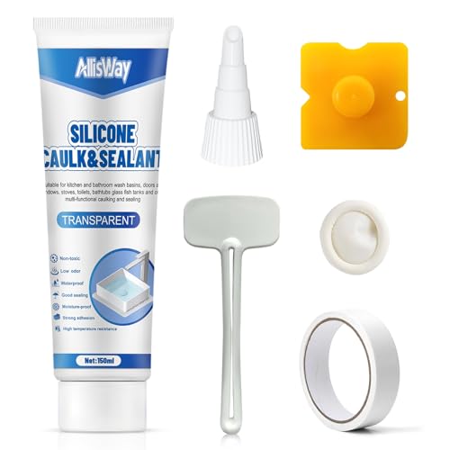 AllisWay Aquarium Silikon Transparent, Küchensilikon Bad Tube Hitzebeständiges Silikon Durchsichtig Wasserfest Abdichtung Dusche Fugenversiegelung Starke Bindung und ein Komplettes Werkzeugset, 150ml von AllisWay