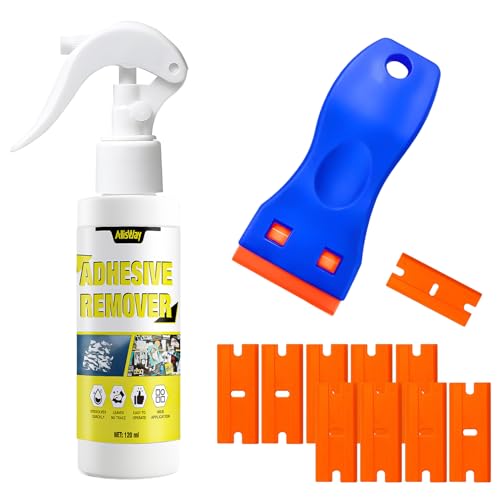 Allisway Etikettenentferner,Klebstoffentferner,Klebereste Entferner Löst Sich Schnell auf und Entfernt Effektiv Hartnäckige Flecken wie Etiketten,120 ml + 1 Schaber und 10 Kunststoffklingen von AllisWay