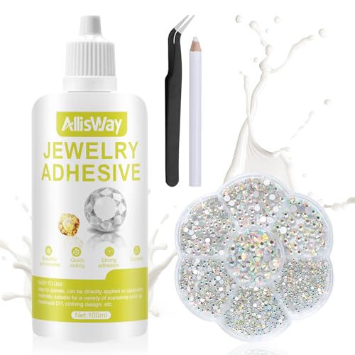 Allisway Schmuckkleber Extra Stark Transparent, Schmucksteinkleber, Perlen Zum Kleben, Schmuck Kleber, enthält Pinzette, Strasssteine, Langlebig und Robust, Vielseitig Einsetzbar-100ml von AllisWay