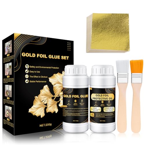 ALLONY Blattgold Kleber, Anlegemilch für Blattgold, Blattgold zum Basteln 100g Kleber und 100g Wasserbasierter Schutzfarbe, 100 Stück Blattgold, 2 Pinsel, Wird zum Basteln, Malen ALLONY Blattgold Kleber, Anlegemilch für Blattgold, Blattgold zum Basteln 100g Kleber und 100g Wasserbasierter Schutzfarbe, 100 Stück Blattgold, 2 Pinsel, Wird zum Basteln, Malen von Allony