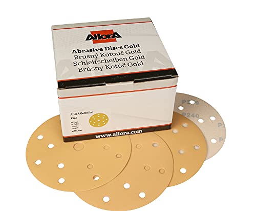 AllorA – Gold Schleifscheiben – Schleifblätter 150mm Klett für Spachtel, Füller & Lacke – 15-Loch Schleifpapier für Exzenterschleifer (100 Stück) von AllorA