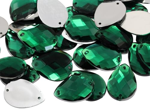 Allstarco 18x13mm Green Emerald CH18 Teardrop Flat Back Sew On Beads for Crafts Plastic Acrylic Rhinestones With Holes For Sewing, Clothing Embelishments, Costume Cosplays - 50 Pieces von Allstarco