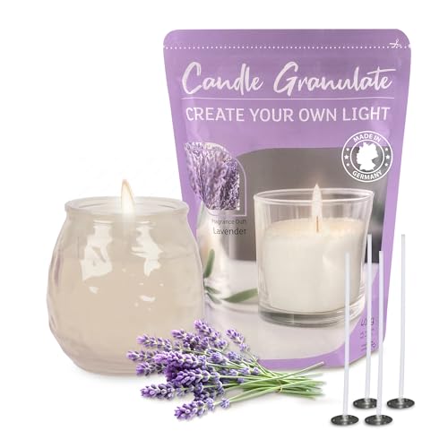 Alluvo DIY Kerzengranulat Lavendel Duft, 400g Beutel mit 4 Dochten, Wiederverwendbar, Palmölfrei Rauch- & Rußfrei, Kerzensand zum selber machen, Aus deutschen Rohstoffen von Alluvo