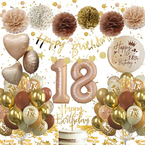 18 Geburtstag Deko,Geburtstagsdeko 18 Männer Frauen,Deko 18. Geburtstag Mädchen Junge, 18. Geburtstag Braun Beige Gold Luftballons mit Happy Birthday Banner Pompons für 18 Geburtstag Dekorationen von Almaxi