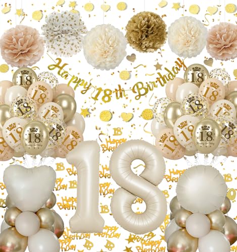 18 Geburtstag Deko Mädchen Junge, Deko 18. Geburtstag Beige Gold Ballons, 18 Jahr Geburtstagdeko mit Luftballon 18, Happy Birthday Banner, Seidenpapier Pompons für 18. Deko Geburtstag Frauen 18 Geburtstag Deko Mädchen Junge, Deko 18. Geburtstag Beige Gold Ballons, 18 Jahr Geburtstagdeko mit Luftballon 18, Happy Birthday Banner, Seidenpapier Pompons für 18. Deko Geburtstag Frauen von Almaxi