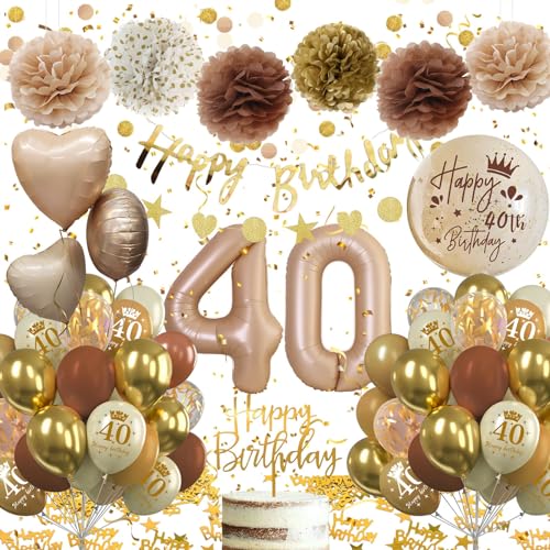 40 Geburtstag Deko,Geburtstagsdeko 40 Männer Frauen,Deko 40 Geburtstag Frau Mann, 40. Geburtstag Frauen Braun Beige Gold Luftballons mit Happy Birthday Banner Pompons für 40 Geburtstag Dekorationen von Almaxi