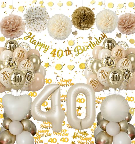 40 Geburtstag Deko Frauen, Deko 40. Geburtstag Beige Gold Geburtstagsdeko 40 Set mit Luftballon 40, Happy Birthday Banner, Seidenpapier Pompons Party Ballons für 40. Deko Geburtstag von Almaxi