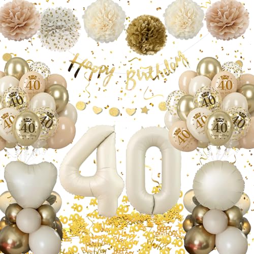40 Geburtstag Deko Frauen, Luftballon Deko 40. Geburtstag Beige Gold, Geburtstag Party Deko Set mit Luftballon 18, Happy Birthday Banner, Konfetti Pompons für 40. Deko Geburtstag Frauen von Almaxi