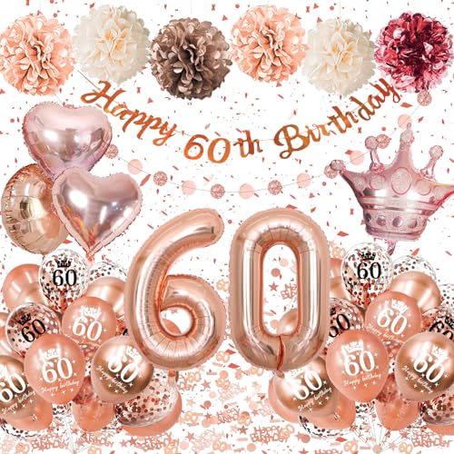 60 Geburtstag Frau, 60 Geburtstagsdeko Frauen Roségold, 60. Geburtstag Deko Luftballons Rose Gold mit Happy Birthday Banner Pompons für 60 Luftballon Deko Mehrweg 60 Geburtstag Frau, 60 Geburtstagsdeko Frauen Roségold, 60. Geburtstag Deko Luftballons Rose Gold mit Happy Birthday Banner Pompons für 60 Luftballon Deko Mehrweg von Almaxi