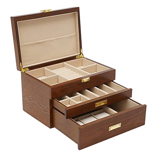 Alnemy Schmuckkästchen, Kleine 3-Stöckige Schmuckschatulle,Schmuckaufbewahrungsbox,Halskettenplatte, Oberes Schaufenster, Mehrere Aufbewahrungsfächer, Armband-Organizer,Plüsch Futter (Brauner) von Alnemy