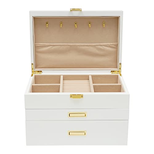 Alnemy Schmuckkästchen, Kleine 3-Stöckige Schmuckschatulle,Schmuckaufbewahrungsbox,Halskettenplatte, Oberes Schaufenster, Mehrere Aufbewahrungsfächer, Armband-Organizer,Plüsch Futter (Weiß) von Alnemy