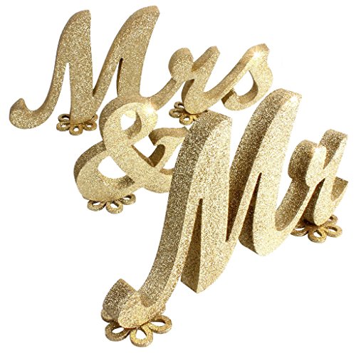 Alnicov Holzbuchstaben "Mr & Mrs" im Vintage-Stil, Hochzeits-Requisiten für Hochzeitstisch, Foto-Requisiten, Party, Tischdekoration, Abendessen, Dekorationen mit 5 Blumenpads (Gold) von Alnicov