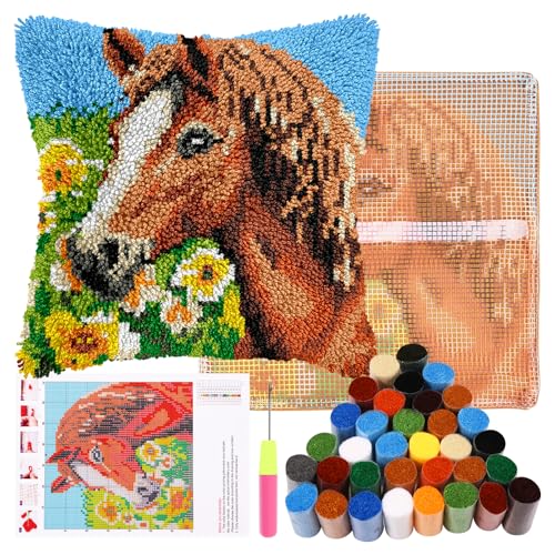 Knüpfhaken Kissen Kits Latch Hook Kissen Set für Kinder oder Anfänger Erwachsene DIY Latch Haken Kissenbezug Teppich Stickerei Set DIY Knüpfteppich Knüpfpackung für Home Sofa Dekor 43x43cm(Pferd) von Alongen