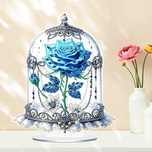 Alovez Blaue Rose Diamond Painting Deko Aufsteller Diamond Painting Tischdeko 5D Diamant Painting Bastelset für Wohnzimmer Schlafzimmer Esstischdekoration von Alovez