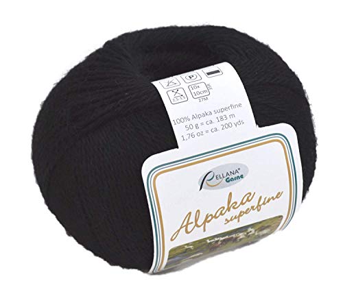 Rellana Alpaka Wolle superfine Farbe 102 | schwarze Alpakawolle zum Stricken und Häkeln | 50g 183m von Alpaka superfine