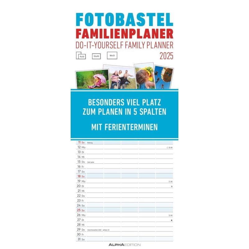 Foto-Bastel-Familienplaner 2025 - Bastelkalender Zum Aufhängen - 19,5X45 Cm - Datiert - Mit 5 Spalten - Fotokalender - Familienkalender - Wandkalender von Alpha-Edition