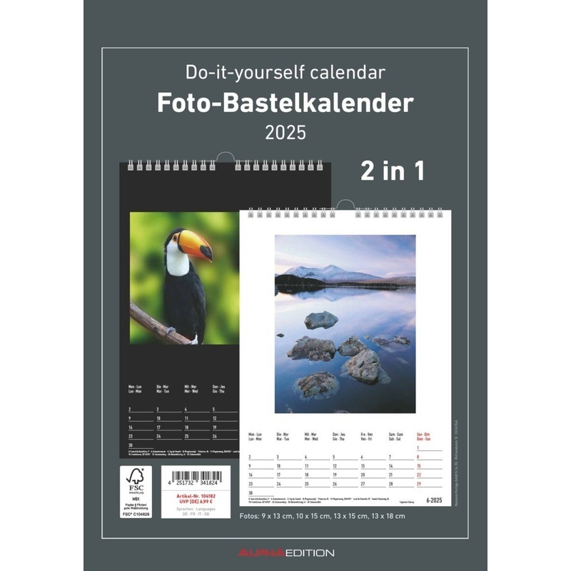 Foto-Bastelkalender 2025 - 2 In 1: Schwarz Und Weiss - 21 X 29,7 - Do It Yourself Calendar A4 - Datiert - Foto-Kalender - Alpha Edition von Alpha-Edition