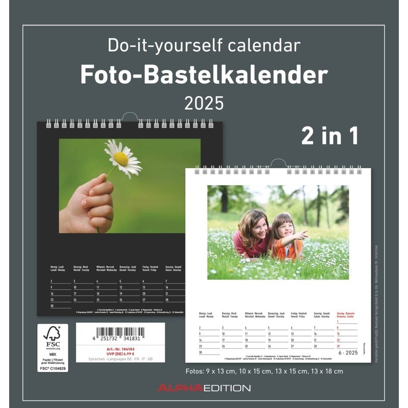 Foto-Bastelkalender 2025 - 2 In 1: Schwarz Und Weiss - Do It Yourself Calendar 21X22 Cm - Datiert - Foto-Kalender - Alpha Edition von Alpha-Edition