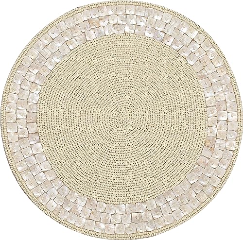 Elegantes Tischset mit Perlen, rund, 33 cm, handgefertigt, Glasperlen und Polyester-Rückseite, Tischmatten für Esstisch, Zuhause, Hochzeit, Einzelpackung (Elfenbein) ALPHA Living HOME von Alpha Living Home