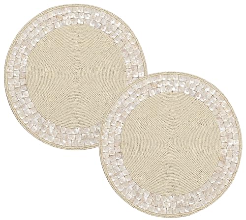 Platzset mit Perlen, 33 cm, rund, handgefertigt, für Esstisch, Tafelaufsatz, Hochzeit, Urlaub, Erntedankfest, Gold, Silber, Beige, Glasperlen, 2 Stück (Elfenbein) ALPHA Living HOME von Alpha Living Home