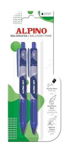 Alpino Kugelschreiber Dot Blau, 2 Stück, weicher und rutschfester Griff mit Silikongriff, 1 mm Spitze, blaue Tinte, hochwertig, schnell trocknend von Alpino