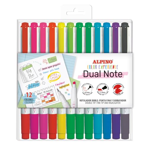 Alpino - Set mit 12 Filzstiften mit doppelter Spitze, hochpräzise Marker zum Schreiben, Hervorheben und Zeichnen, feine und abgeschrägte Spitze, wasser- und lichtbeständige Pigmenttinte von Alpino