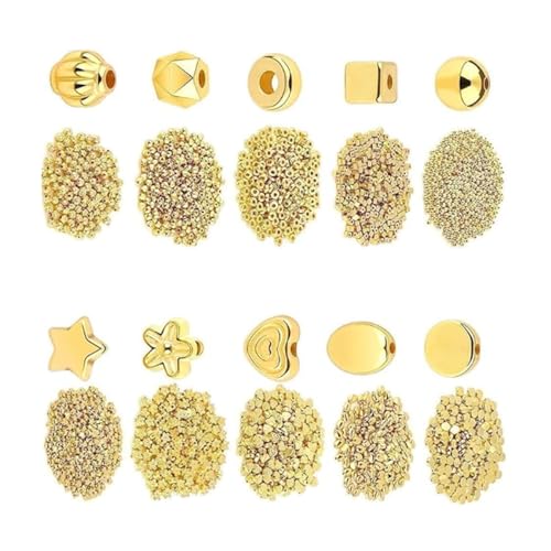 Alrens 1500‑teiliges Goldperlen Set – DIY Abstandsperlen (4–7 mm) Liebesherzen, runde Perlen, quadratische Sternscheiben – ideal für Schmuckherstellung, Armbänder und Halsketten von Alrens