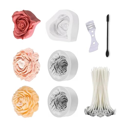Alrens 3 Stück Kerzenformen Silikon 3D Silikonform Blumen Kerzenformen Rose Silikonformen Kerzen mit Kerzendocht-Set, ideal zum Gießen von handgefertigten Duftkerzen, Seifen, Gips- und Harzhandwerk von Alrens