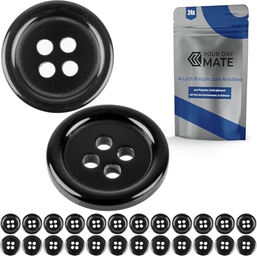 Alriedy 24 Stück 15mm Harz-Knöpfe zum Annähen,Schwarze Knöpfe mit 4 Löchern für Hemden, Jacken & Mäntel,15mm, Buttons aus Resin, Knopf-Set in Schwarz, Schwarz für DIY & Reparatur von Alriedy