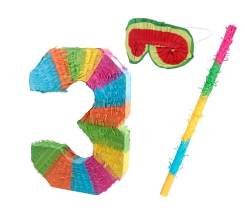 Alsino Pinata Set Zahlen 0-9 + Augenmaske & Schlagstab - Ideales Geburtstagsspiel für Kinderpartys Piñata zum Befüllen für Partys Kinder-Geburtstage Spiel zum Aufhängen, wählen:Pinata-Ziffer 3 von Alsino