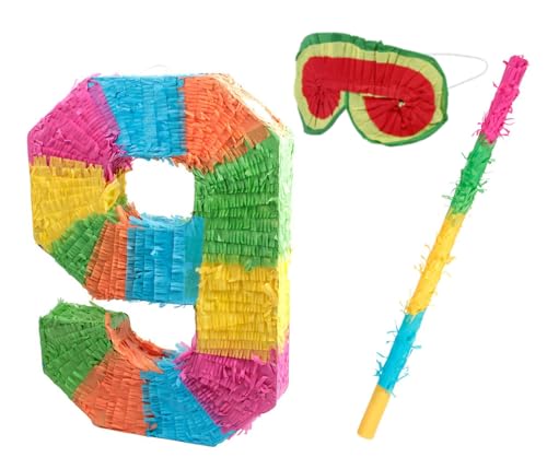Alsino Pinata Set Zahlen 0-9 + Augenmaske & Schlagstab - Ideales Geburtstagsspiel für Kinderpartys Piñata zum Befüllen für Partys Kinder-Geburtstage Spiel zum Aufhängen, wählen:Pinata-Ziffer 9 von Alsino