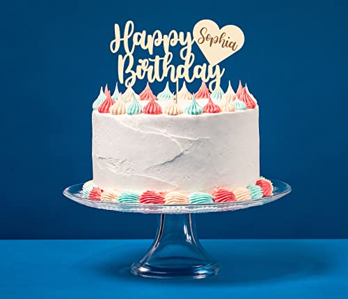 Happy Birthday Cake Topper Geburtstag Kuchendeko aus Holz oder Acryl personalisiert mit Wunschnamen - 15, 20 & 25 cm Höhe, 15 cm, Birke Multiplex von Alsino