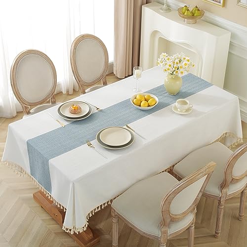 Alsoo Tischdecke für Esstisch, rustikale Bauernhaus-Küche, knitterfrei, Baumwoll-Leinen-Stoff, quadratisch, Beige, Blau gestreift, 140 x 140 cm von Alsoo